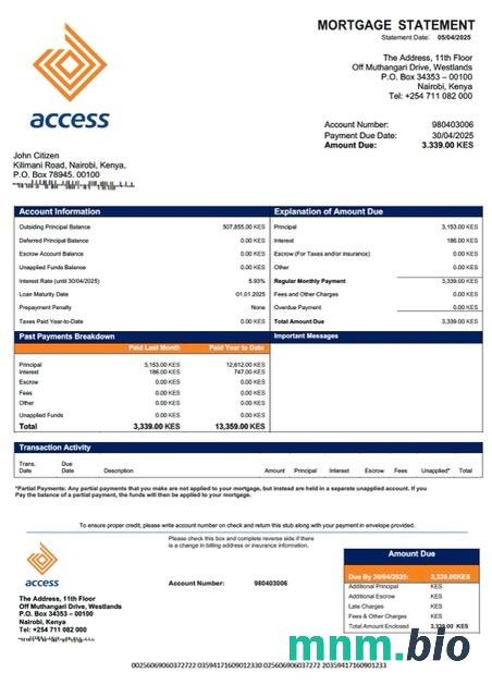 Kenia Access Bank wyciąg z kredytu hipotecznego szablon Word i PDF